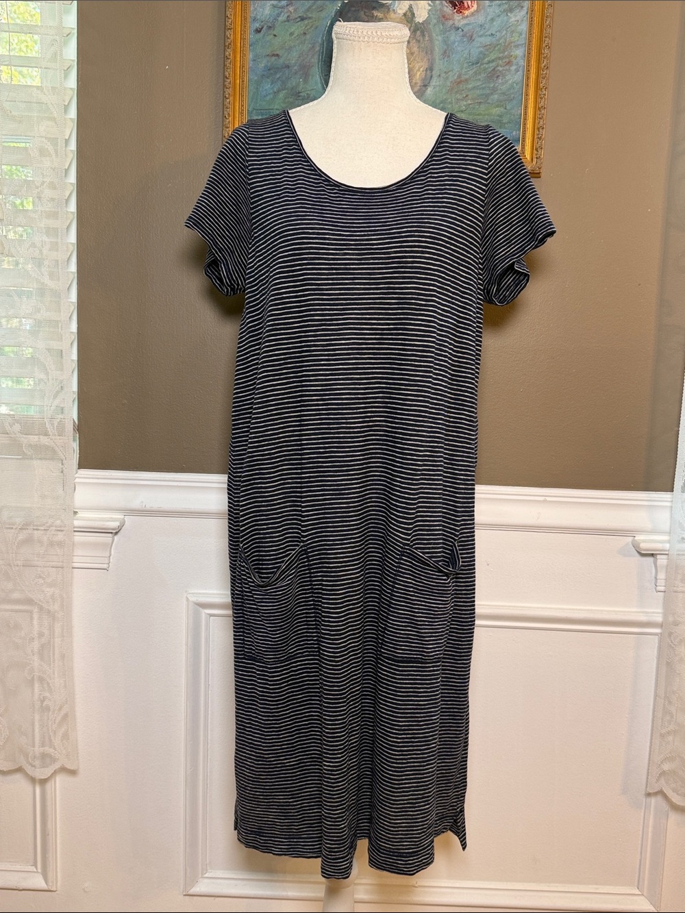 Eileen Fisher Hemp Organic Cotton Striped T-Shirt Dress M Pockets